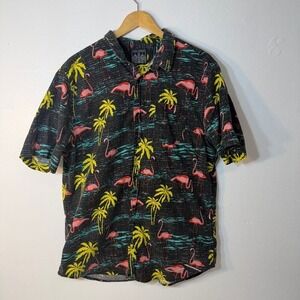 Straightfaded Flamingo Hawaiian Shirt‎ Black Tropical Button Up Men's XL